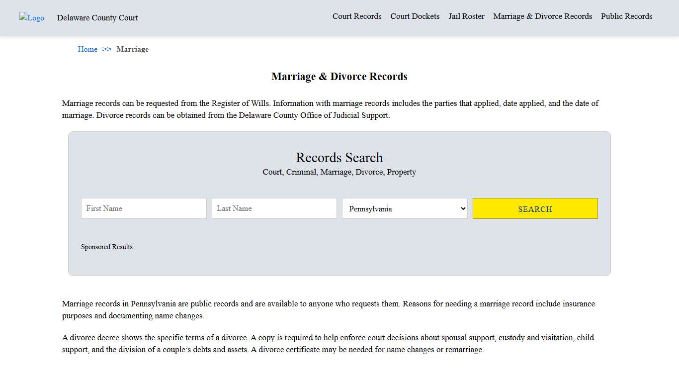 Marriage & Divorce Records Delaware County Court
